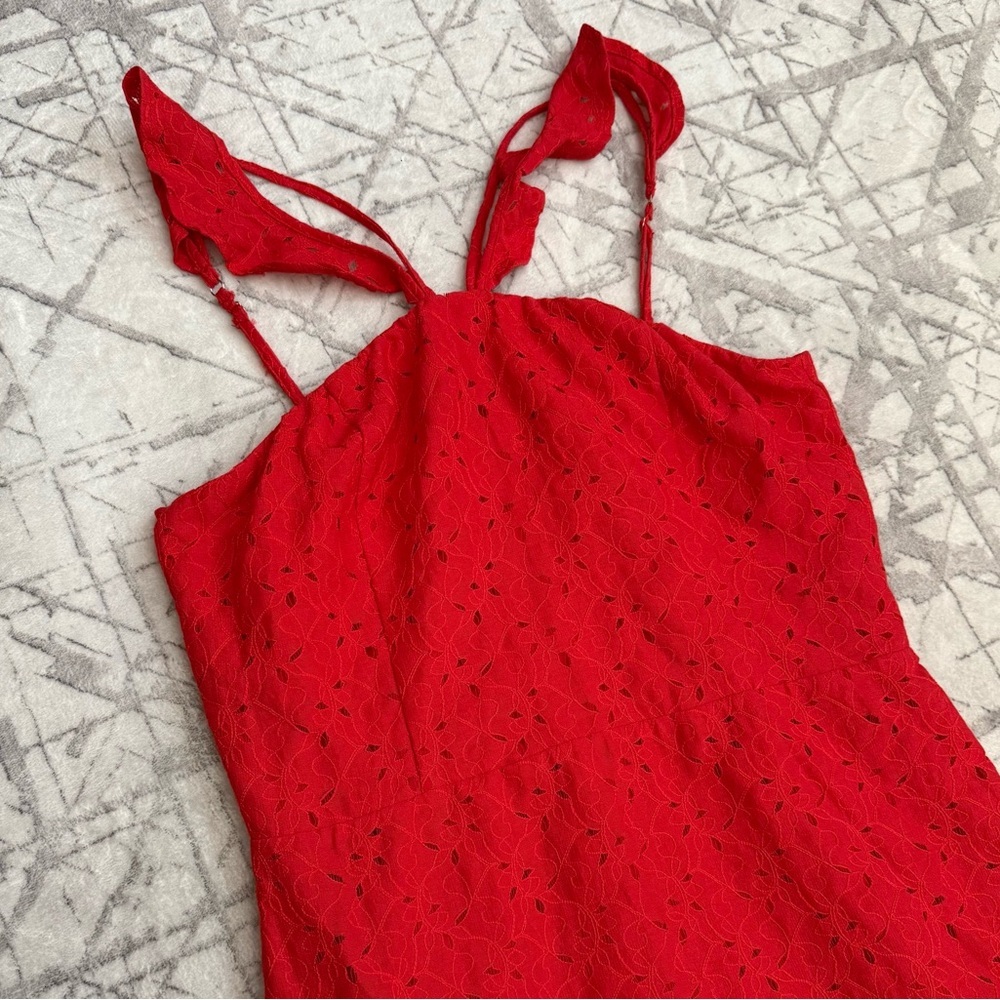 Anthropologie J.O.A Eyelet Drop Waist Dress Red Halter Peplum Ruffle Hem Size L - Picture 6 of 10